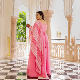 Peachy Paradise & Rose Romance Georgette Anarkali With Belt Drape