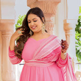 Peachy Paradise & Rose Romance Georgette Anarkali With Belt Drape