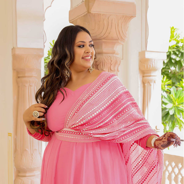 Peachy Paradise & Rose Romance Georgette Anarkali With Belt Drape