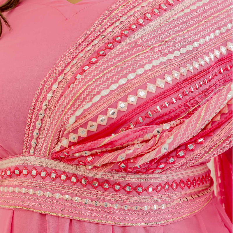 Peachy Paradise & Rose Romance Georgette Anarkali With Belt Drape