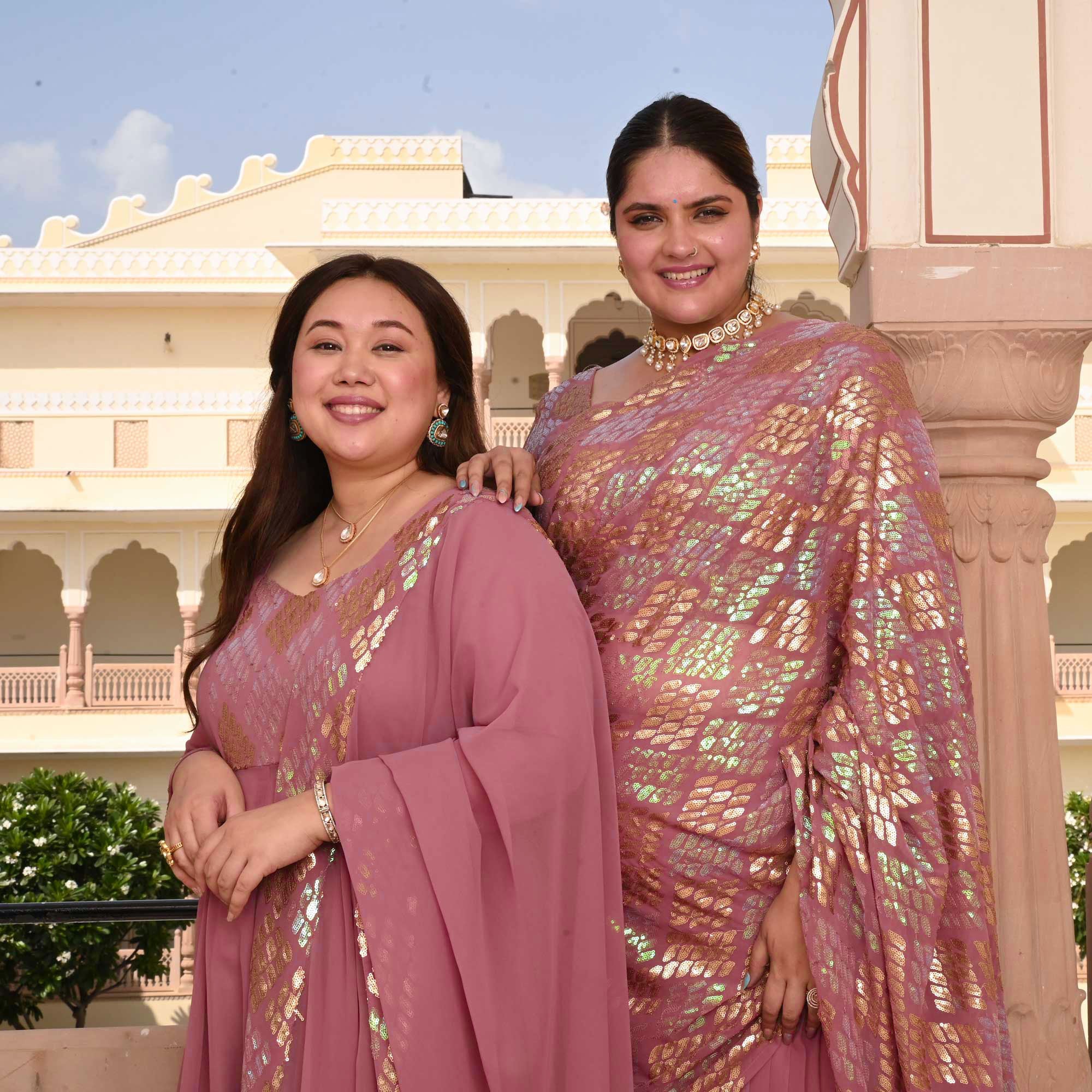 Misty Rose Metallic Sequin Embroidered Drape Saree Set