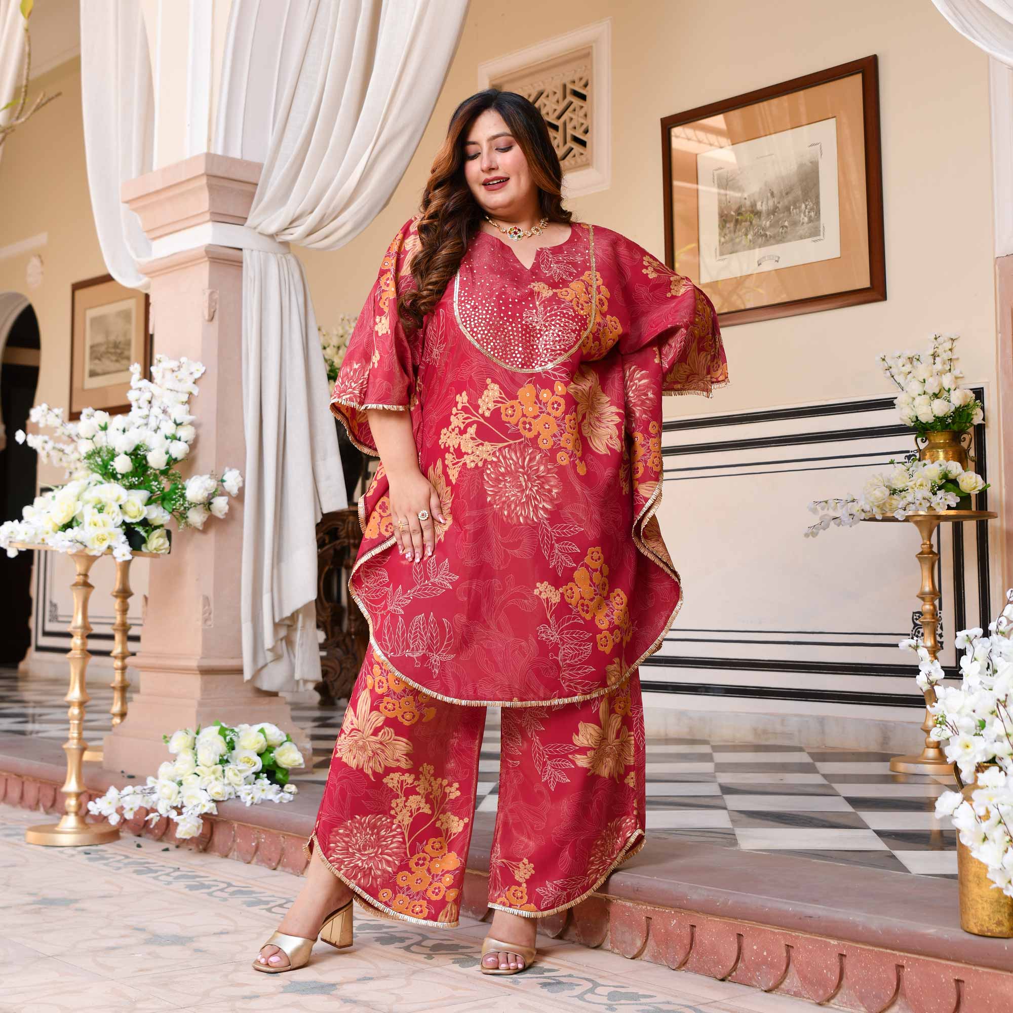Timeless Tulips Floral Muslin Hand Embroidered Kaftan Plus Size Co-ord Set