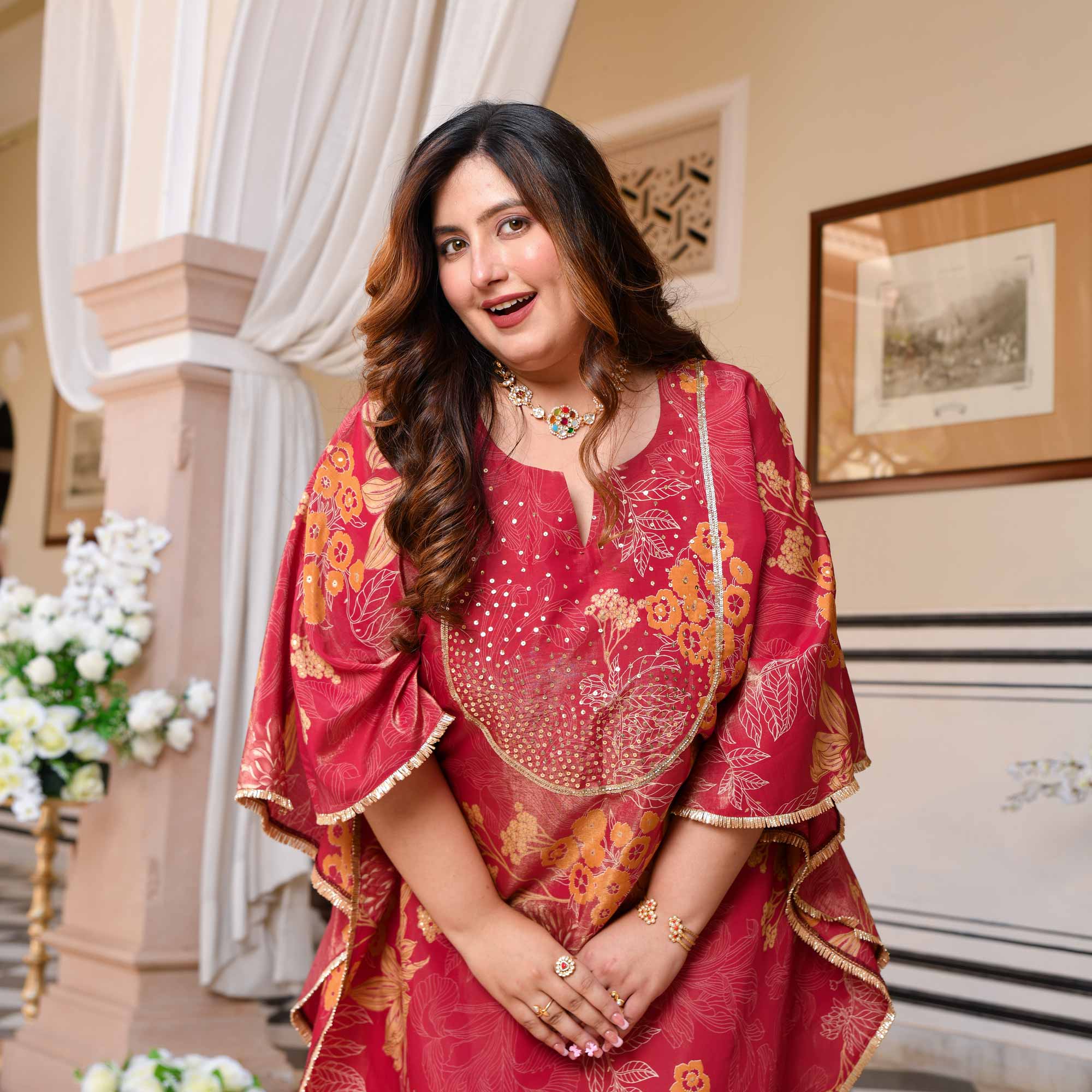Timeless Tulips Floral Muslin Hand Embroidered Kaftan Plus Size Co-ord Set