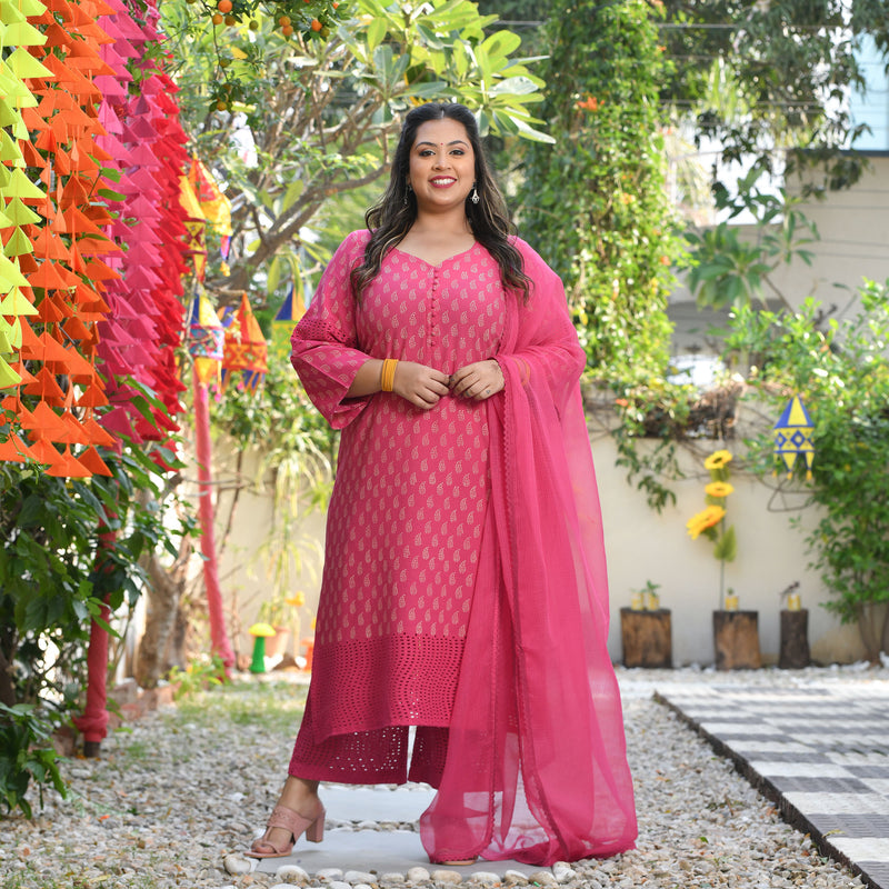 Gulaab Ki Rani Handblock Printed Chikankari Suit Set