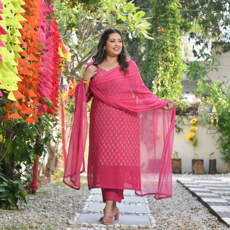 Gulaab Ki Rani Handblock Printed Chikankari Suit Set