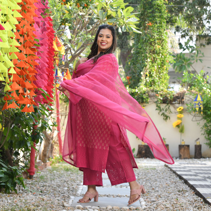 Gulaab Ki Rani Handblock Printed Chikankari Suit Set