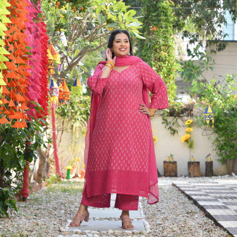 Gulaab Ki Rani Handblock Printed Chikankari Suit Set