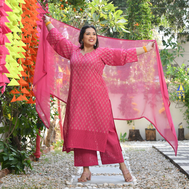 Gulaab Ki Rani Handblock Printed Chikankari Suit Set
