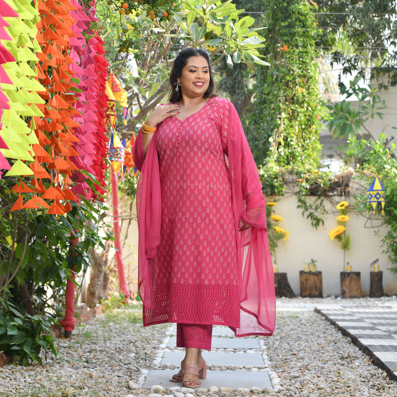 Gulaab Ki Rani Handblock Printed Chikankari Suit Set