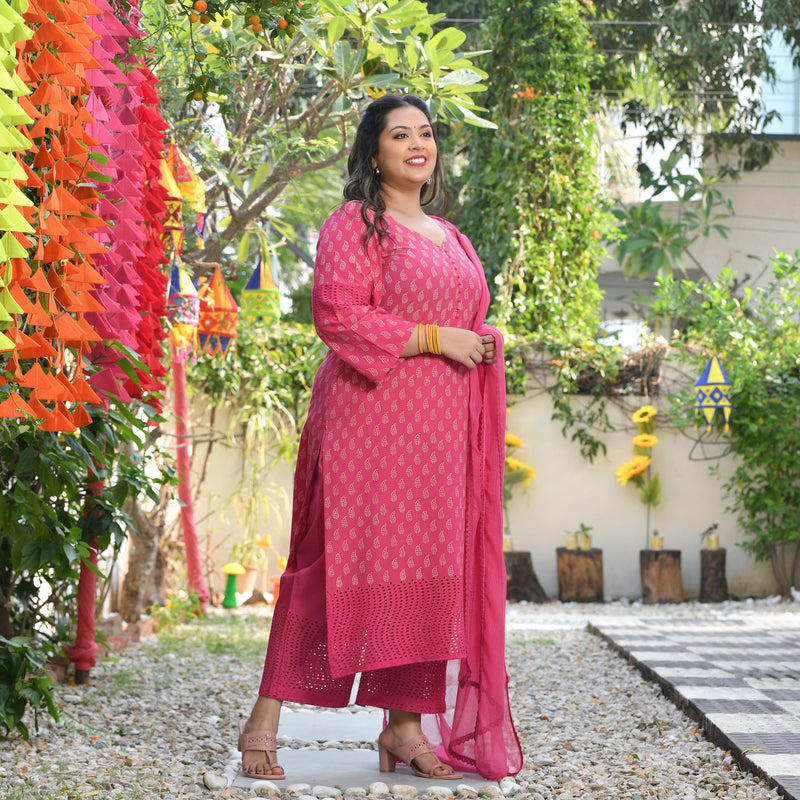 Gulaab Ki Rani Handblock Printed Chikankari Suit Set