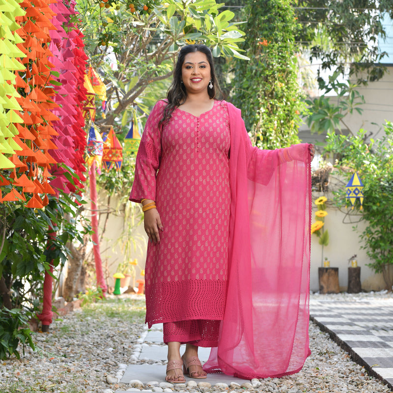 Gulaab Ki Rani Handblock Printed Chikankari Suit Set