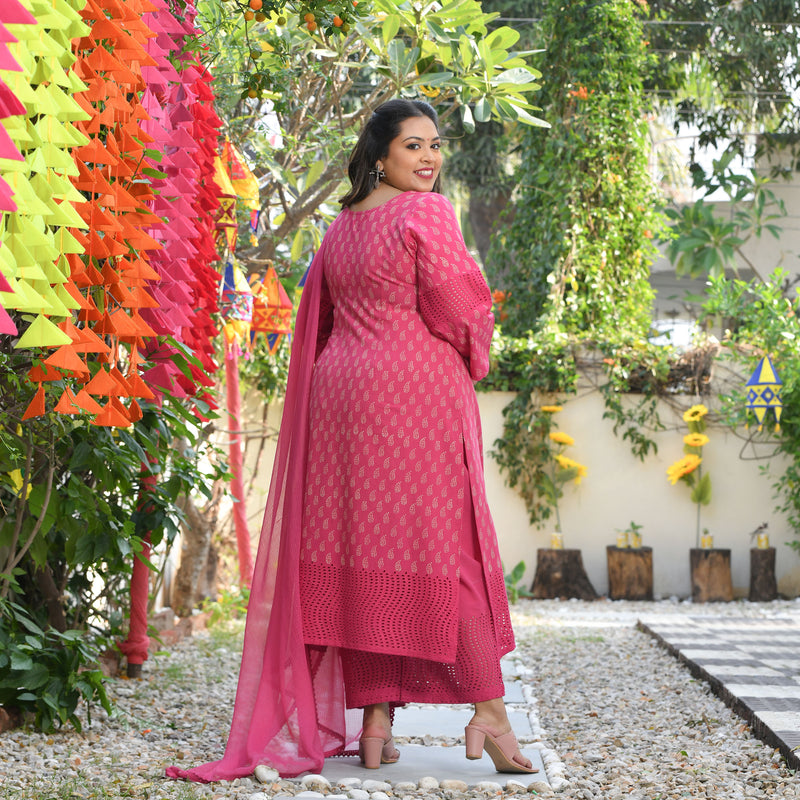 Gulaab Ki Rani Handblock Printed Chikankari Suit Set