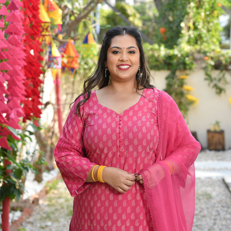 Gulaab Ki Rani Handblock Printed Chikankari Suit Set