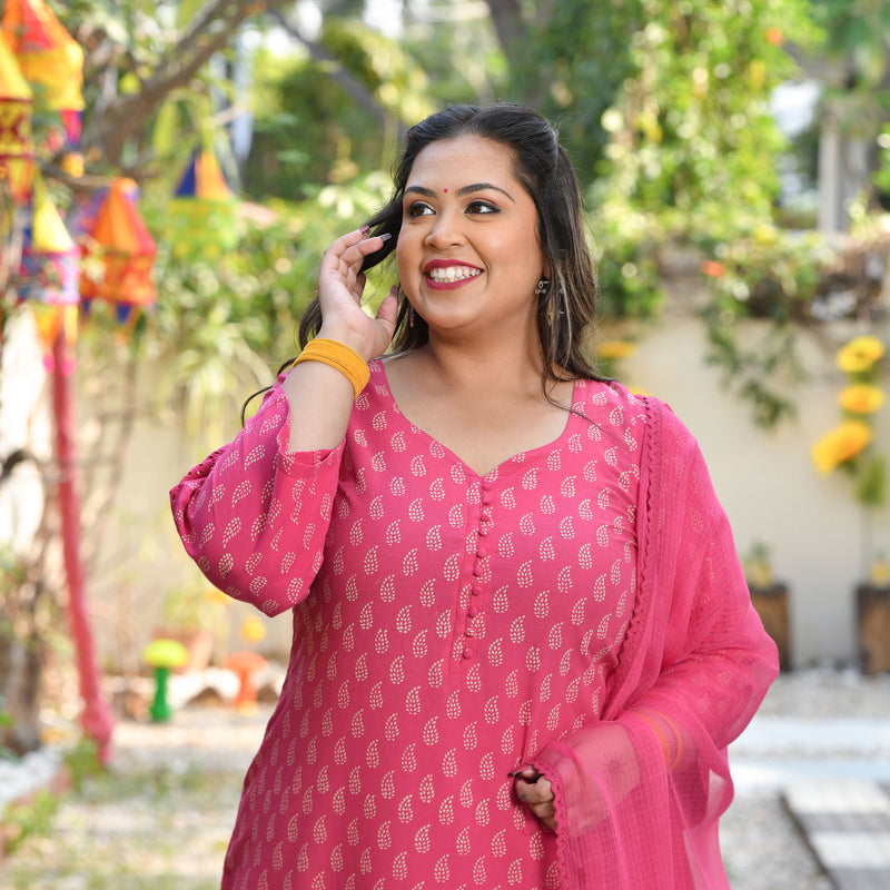 Gulaab Ki Rani Handblock Printed Chikankari Suit Set