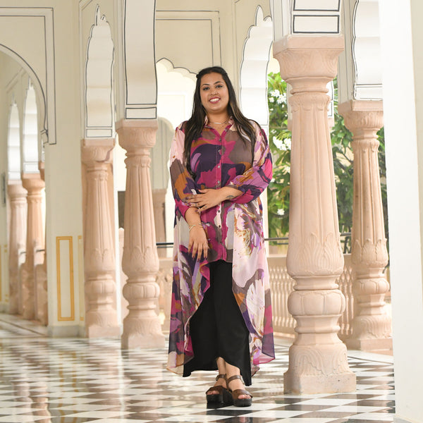 Brush Stroke Assymetrical Chiffon Co-Ord Set
