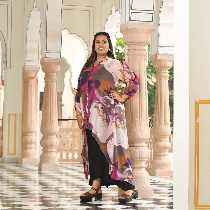 Brush Stroke Assymetrical Chiffon Co-Ord Set