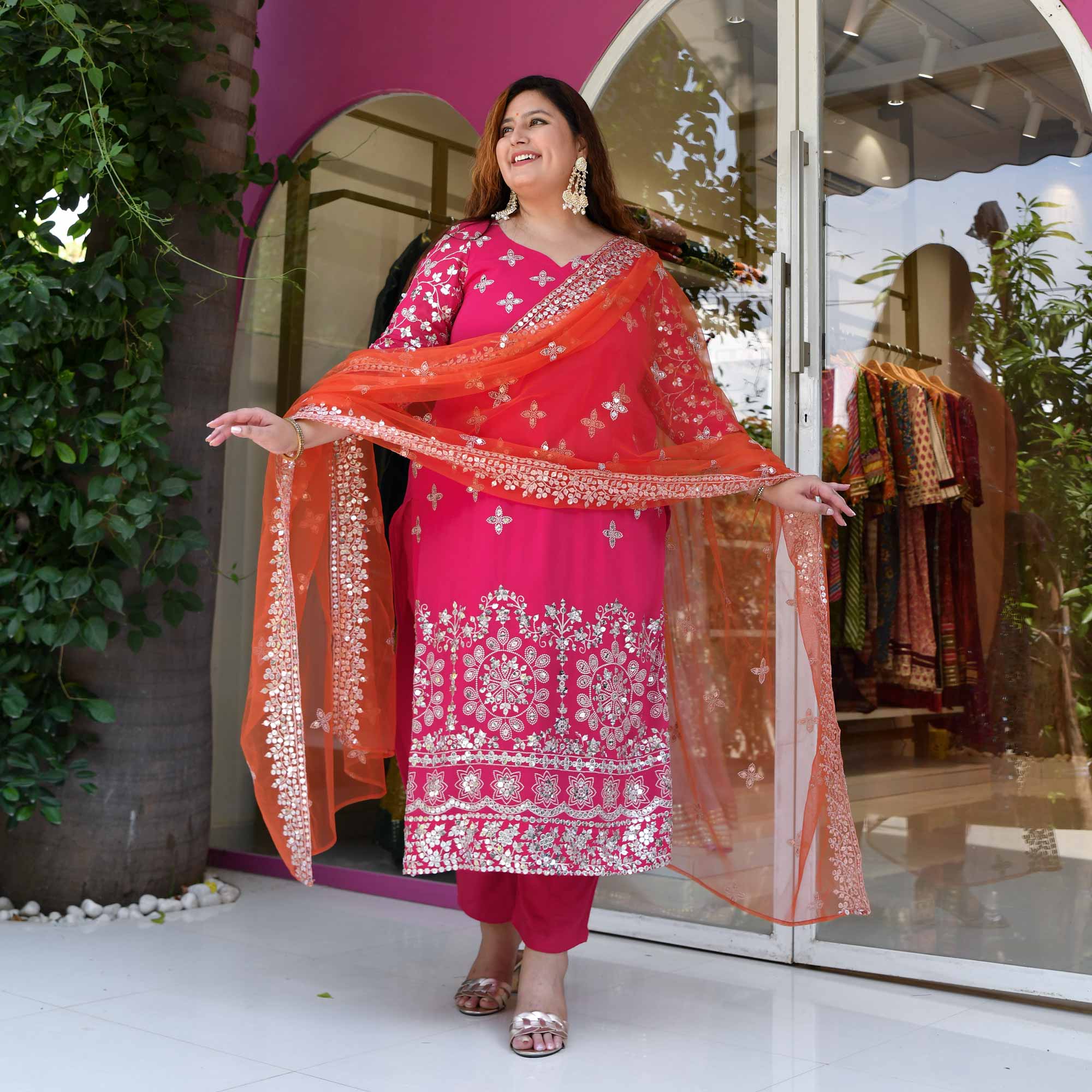 Pink Flame Mirror Embroidered Pure Georgette Suit Set