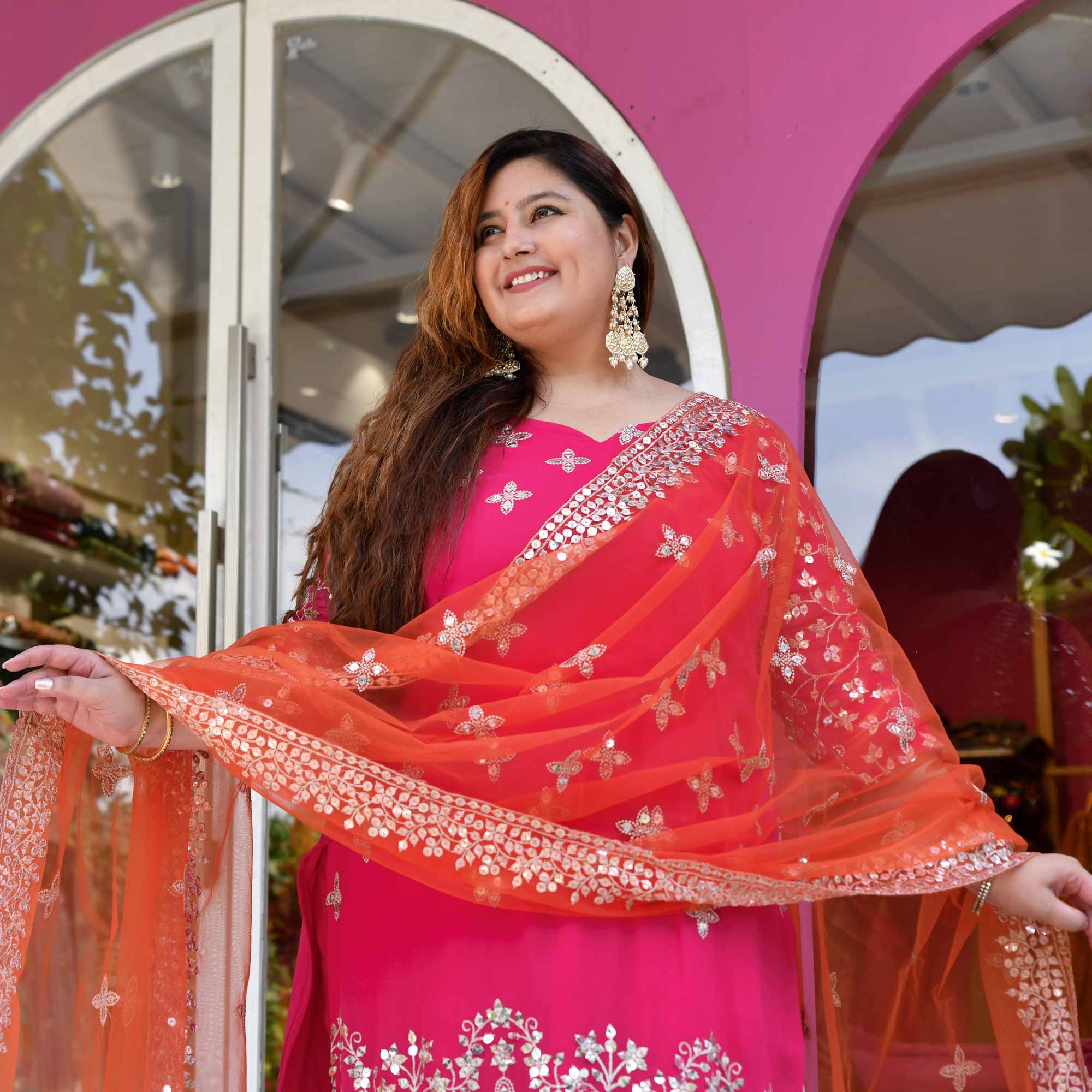 Pink Flame Mirror Embroidered Pure Georgette Suit Set