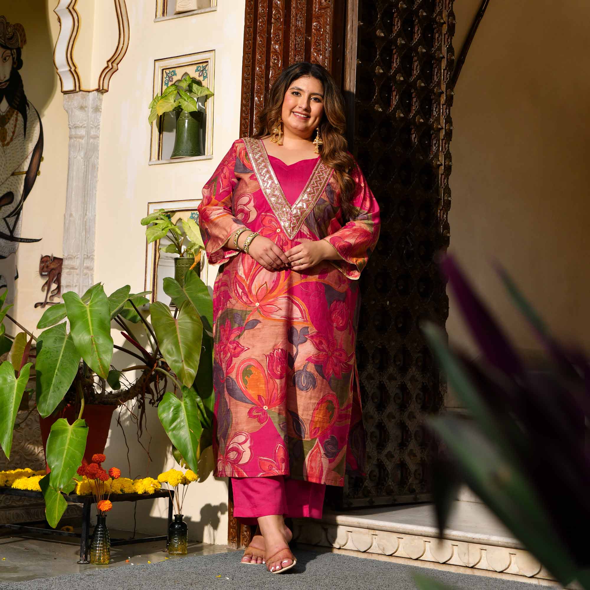 Toran- Dark Pink Abstract Print Modal Cape Set