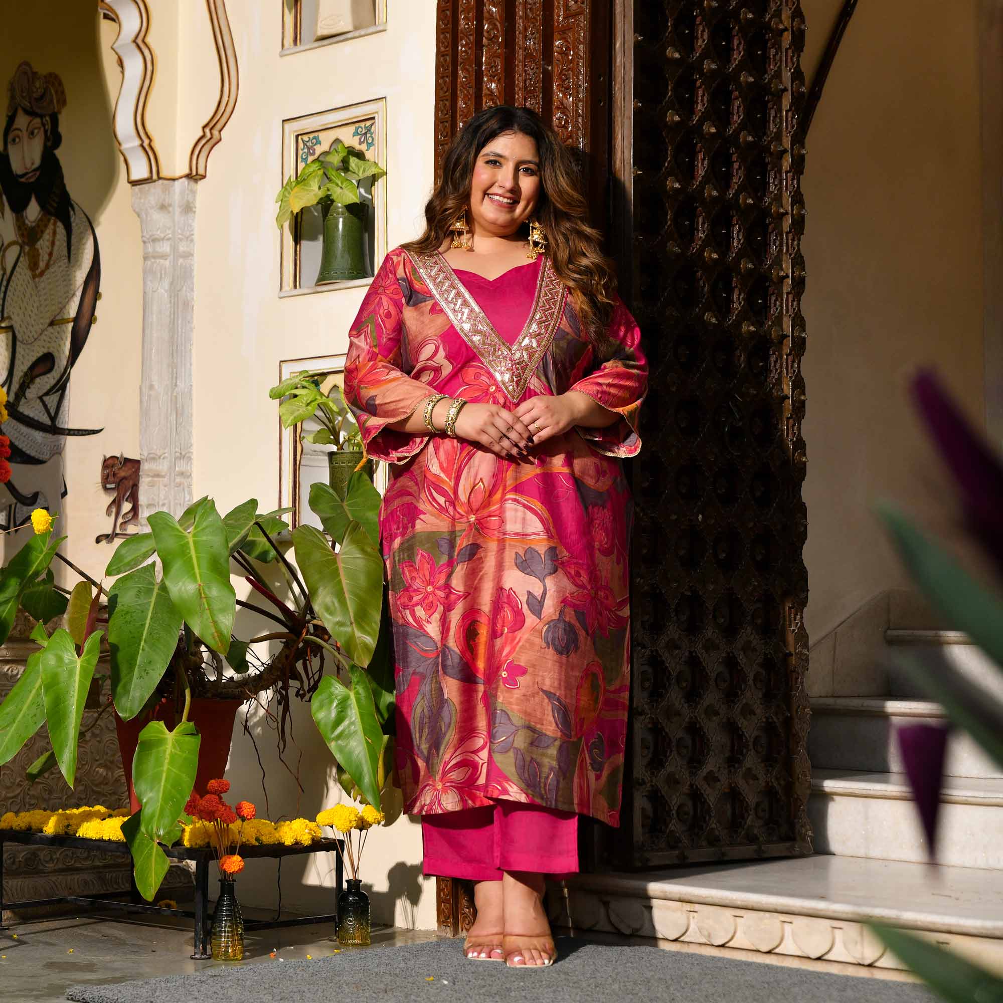 Toran- Dark Pink Abstract Print Modal Cape Set