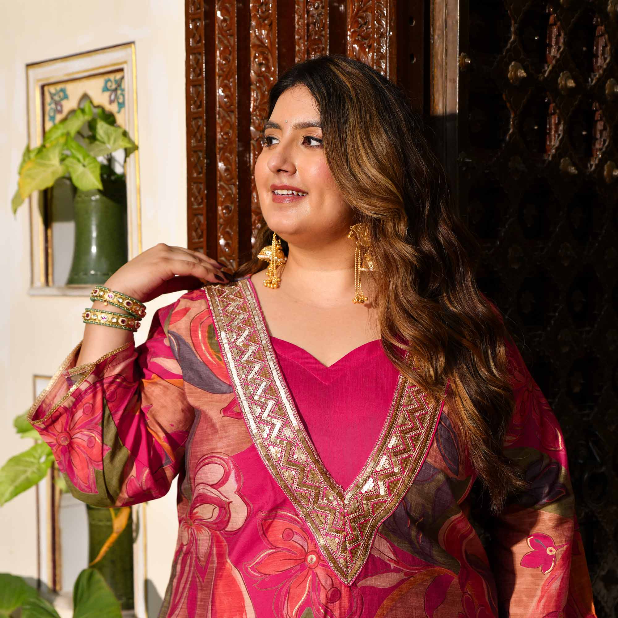 Toran- Dark Pink Abstract Print Modal Cape Set