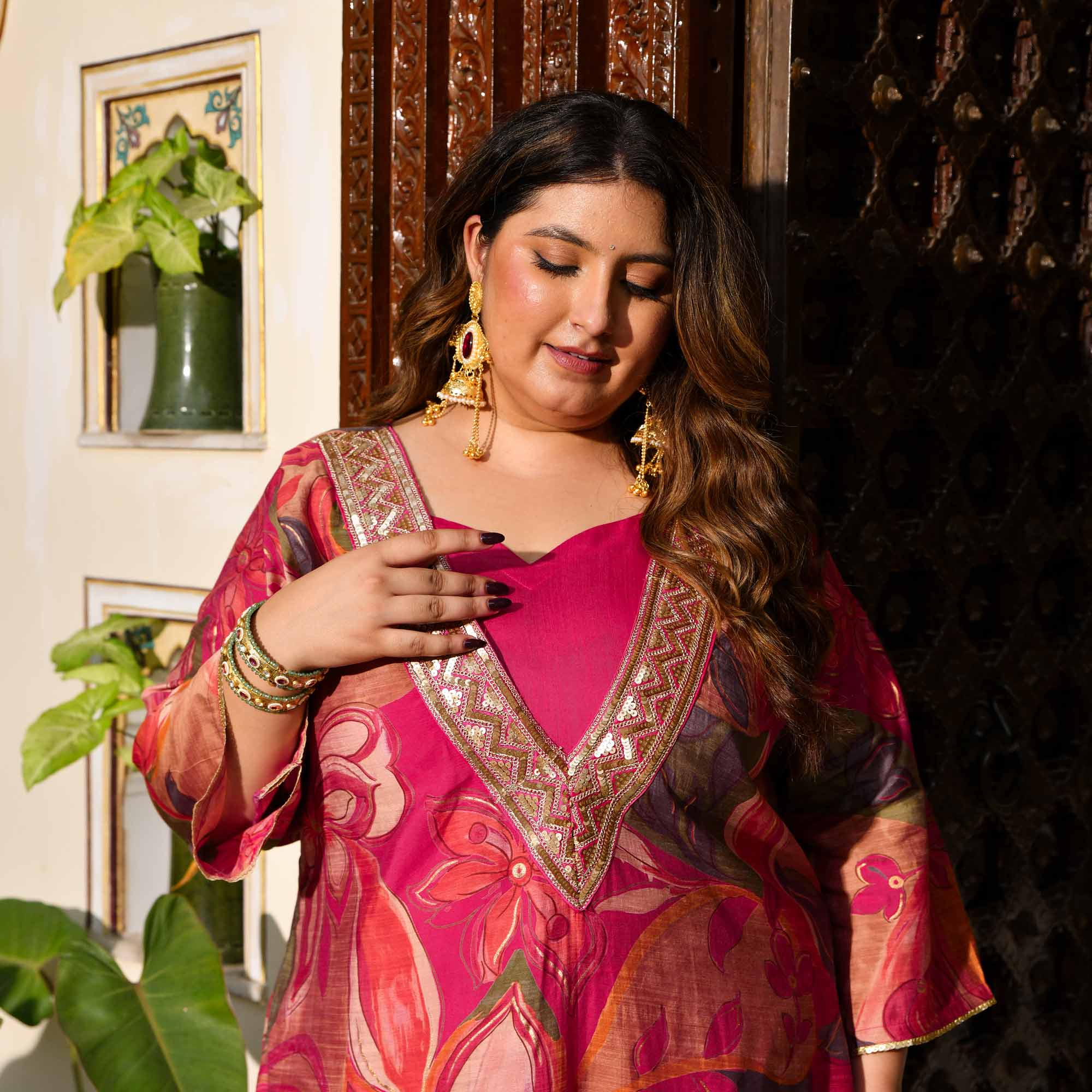Toran- Dark Pink Abstract Print Modal Cape Set
