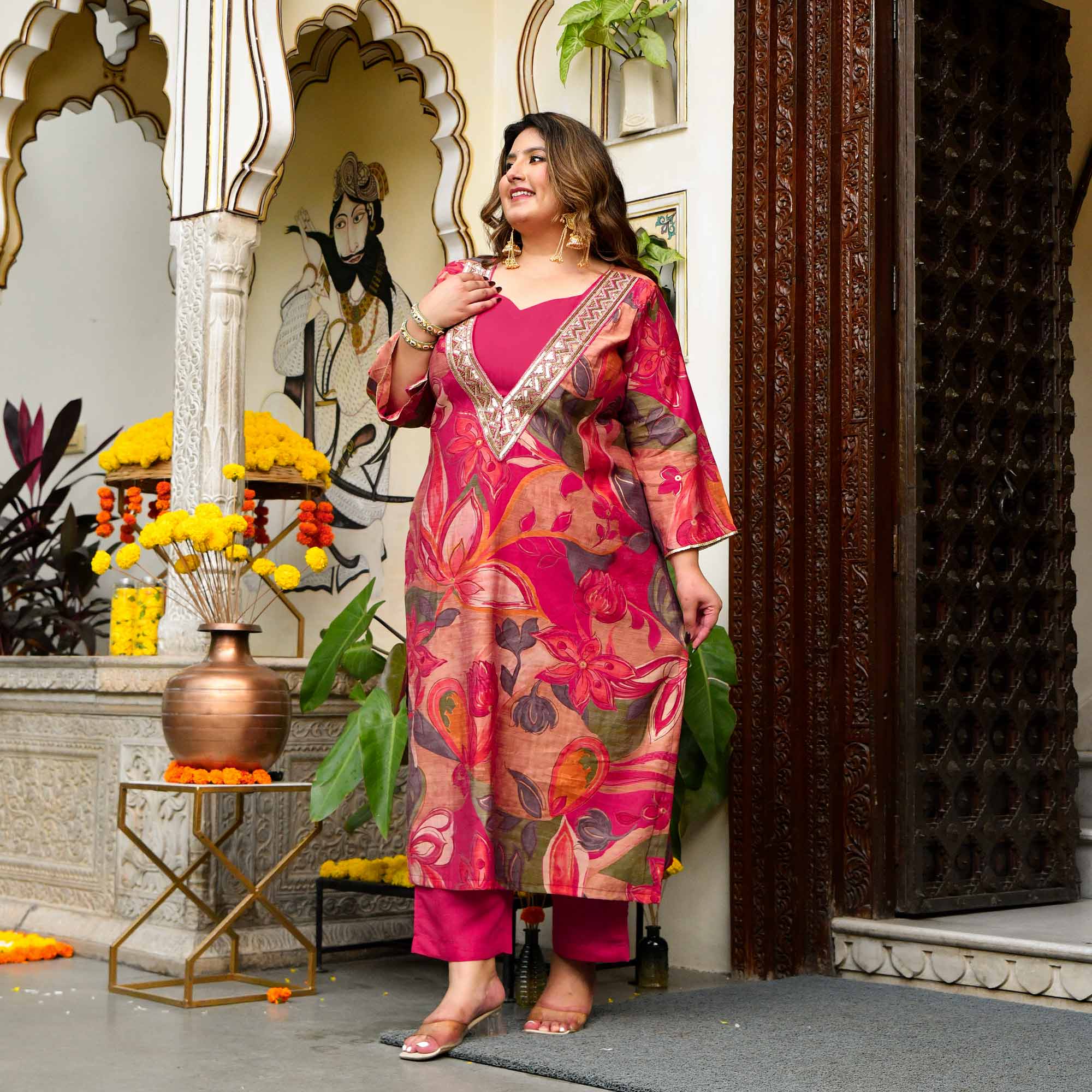 Toran- Dark Pink Abstract Print Modal Cape Set