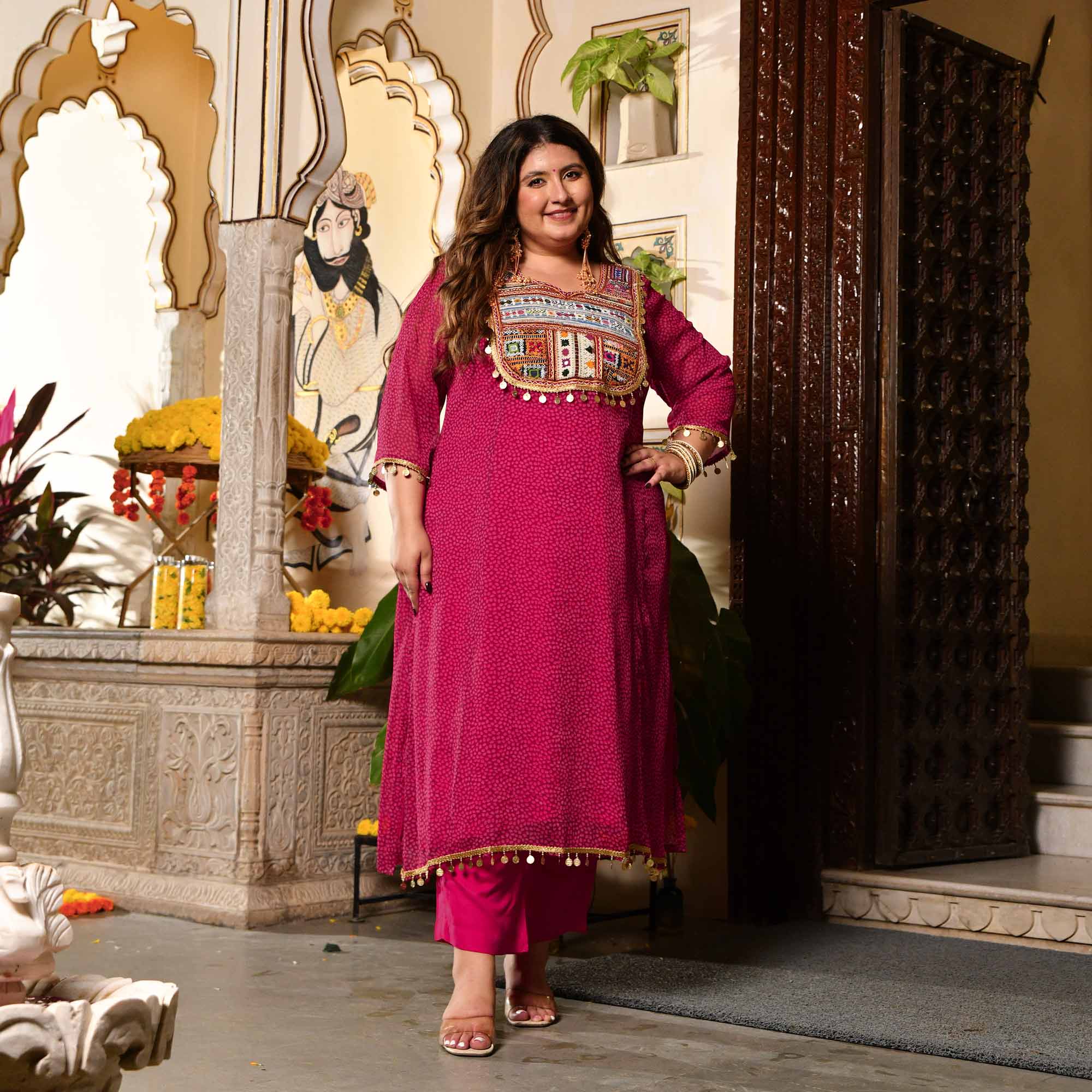 Bindiya- Dark Pink Chiffon Kutch Hand Embroidered Kurta