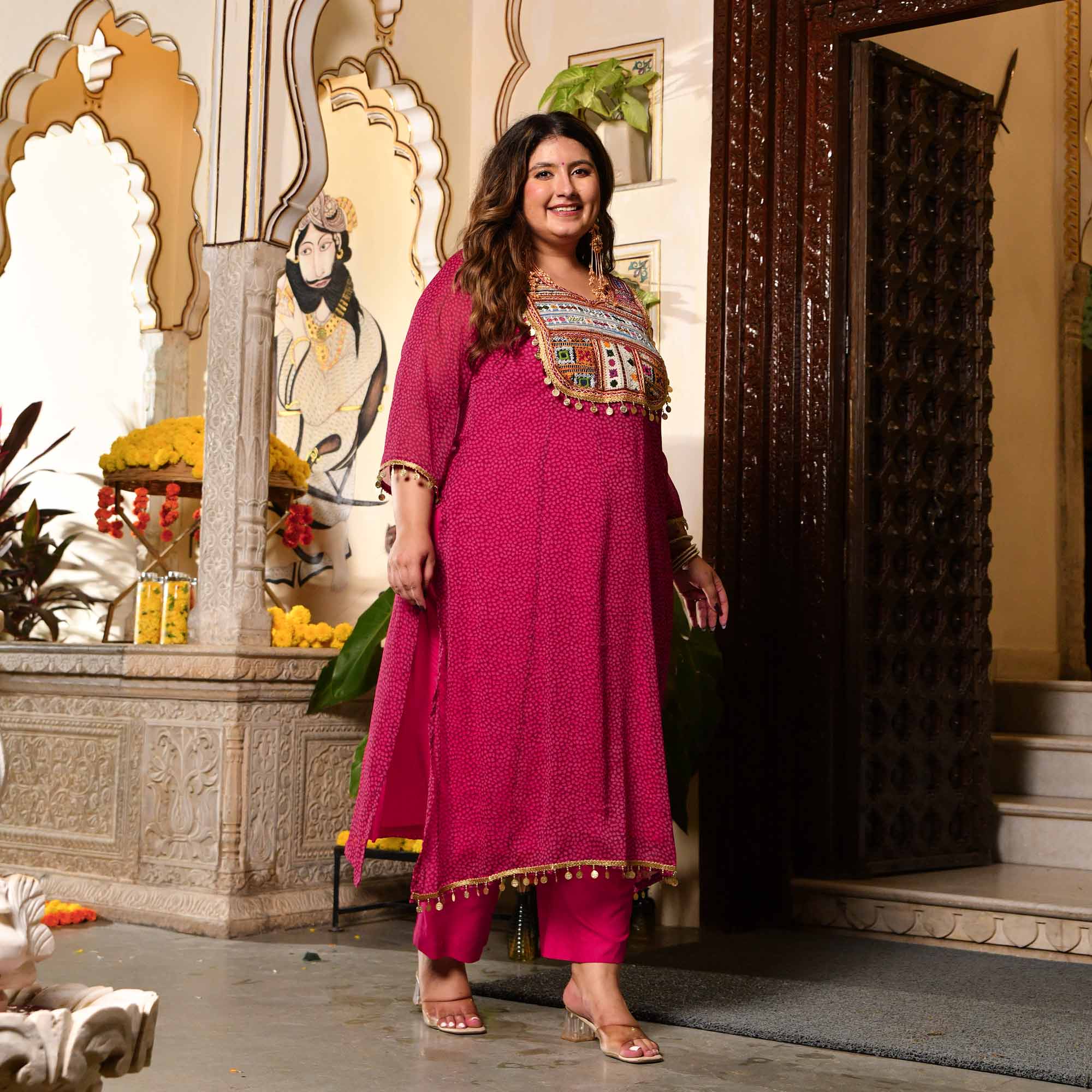 Bindiya- Dark Pink Chiffon Kutch Hand Embroidered Kurta
