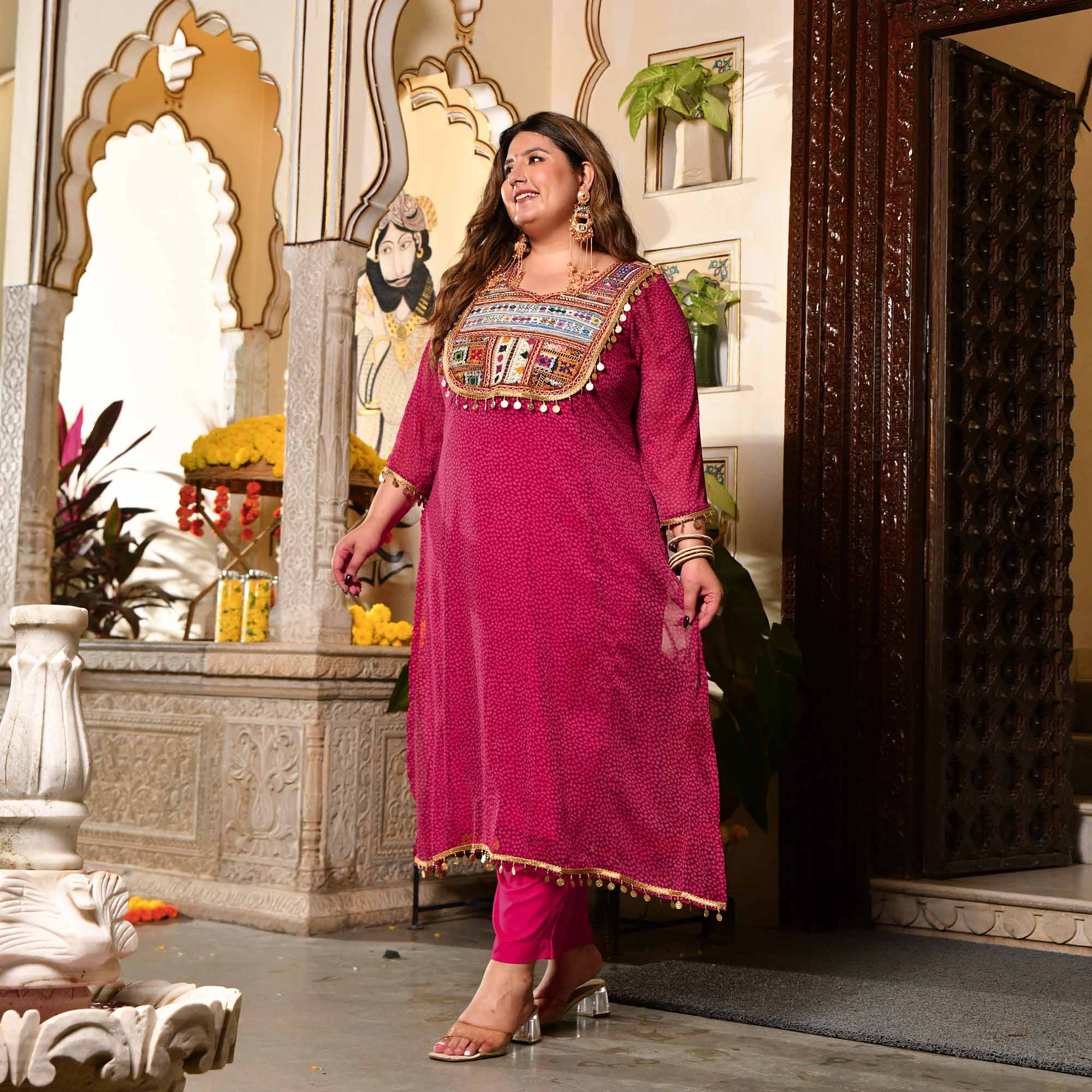 Bindiya- Dark Pink Chiffon Kutch Hand Embroidered Kurta