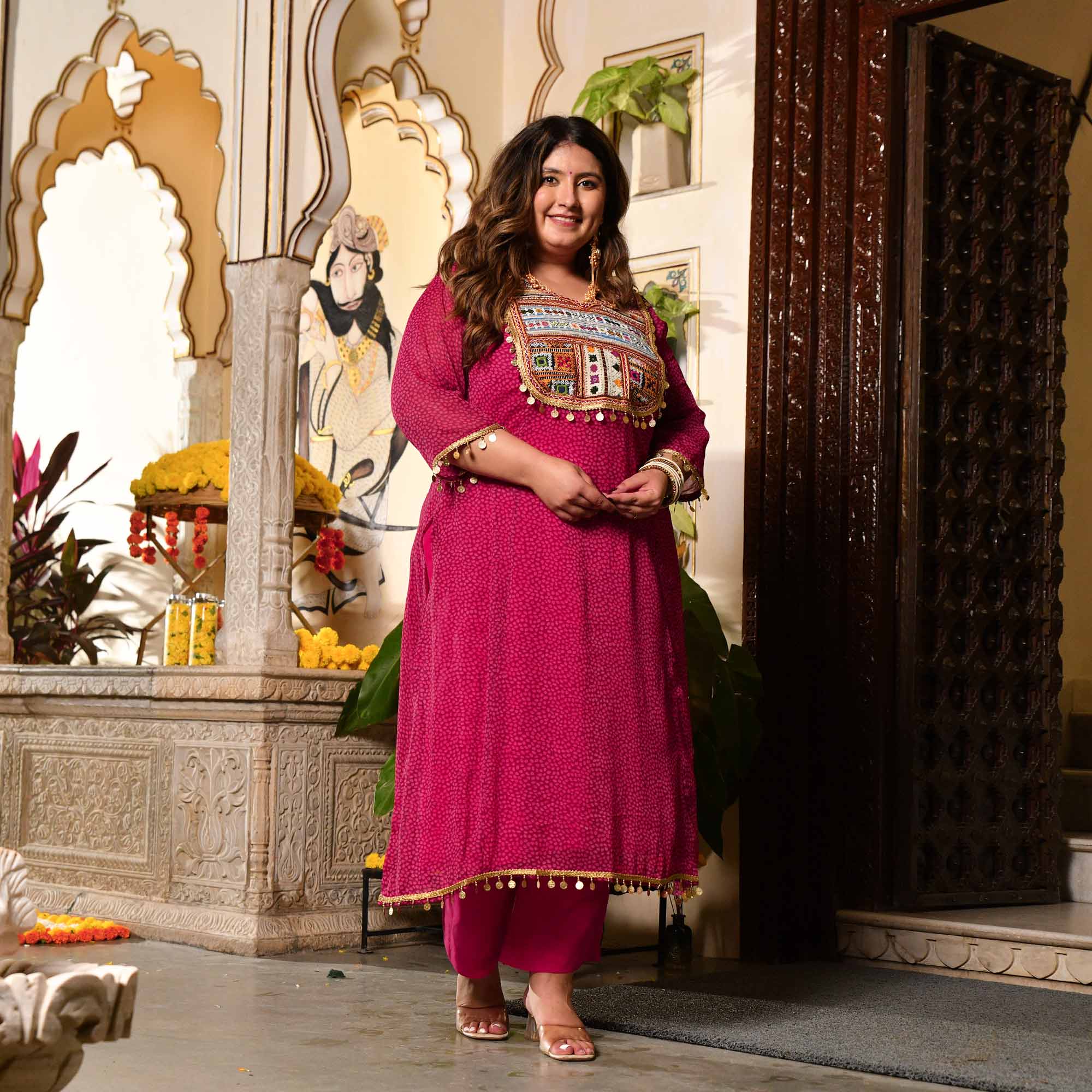Bindiya- Dark Pink Chiffon Kutch Hand Embroidered Kurta