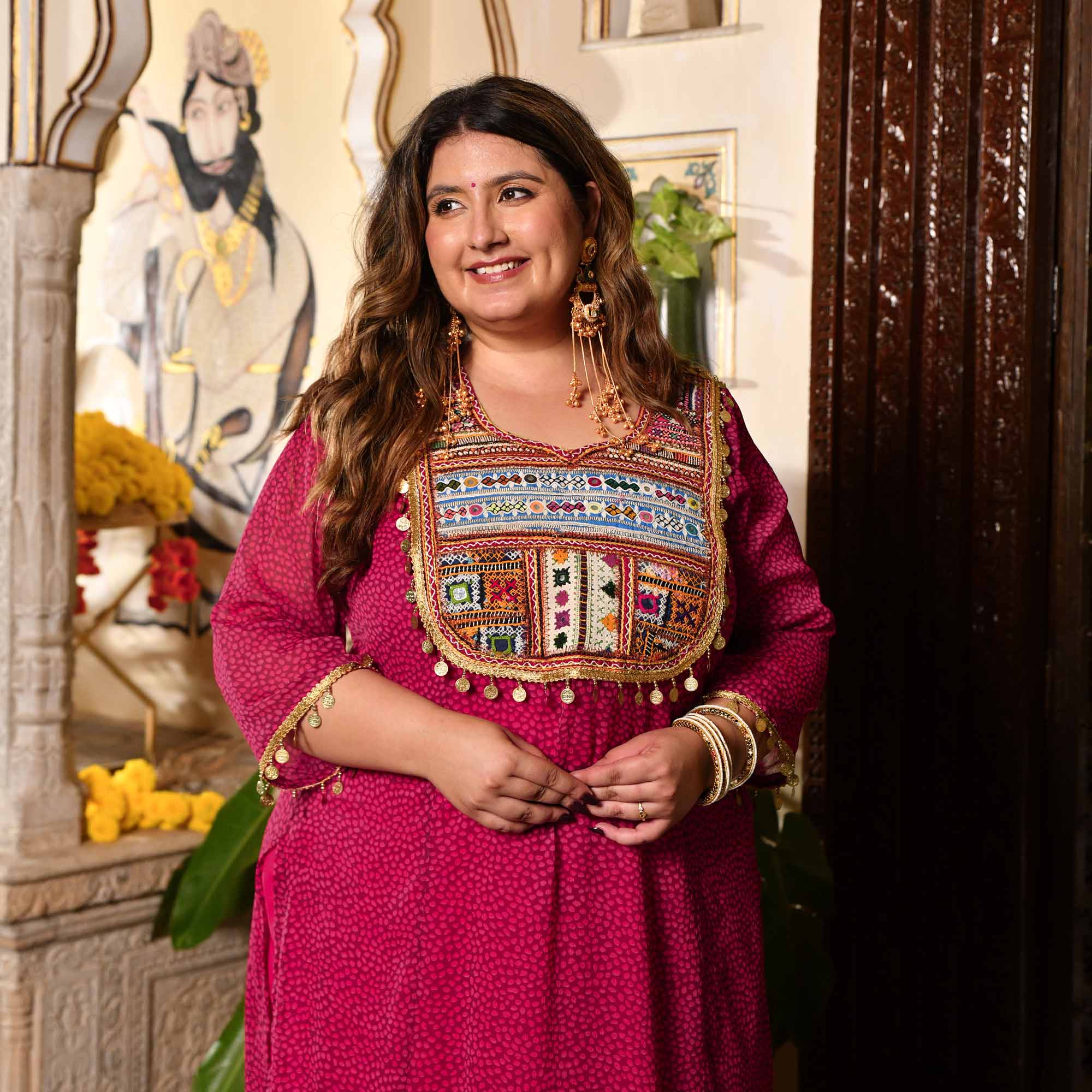Bindiya- Dark Pink Chiffon Kutch Hand Embroidered Kurta
