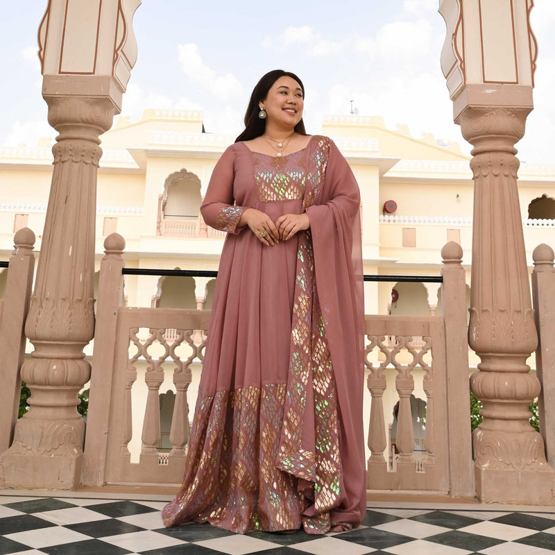 Misty Rose Metallic Sequin Embroidered Anarkali