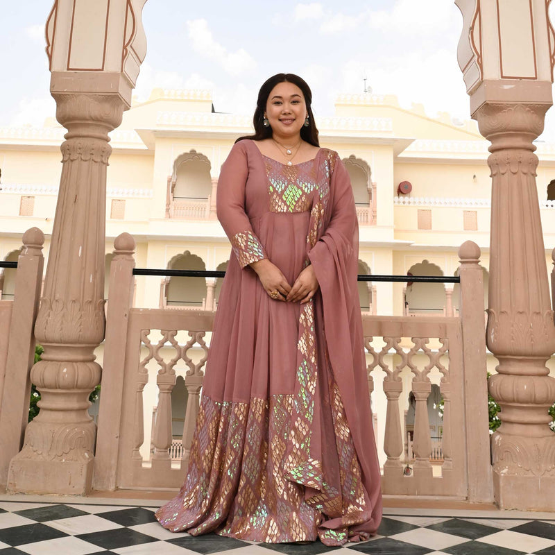 Misty Rose Metallic Sequin Embroidered Anarkali