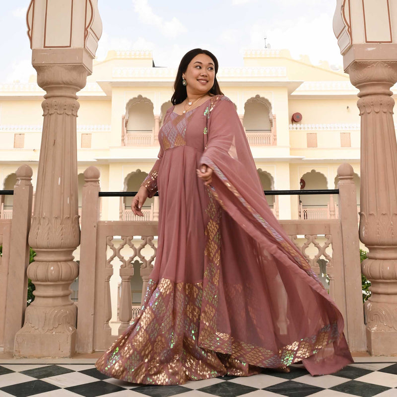 Misty Rose Metallic Sequin Embroidered Anarkali