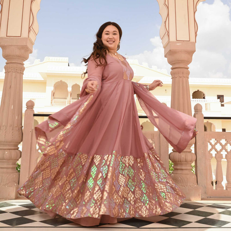 Misty Rose Metallic Sequin Embroidered Anarkali