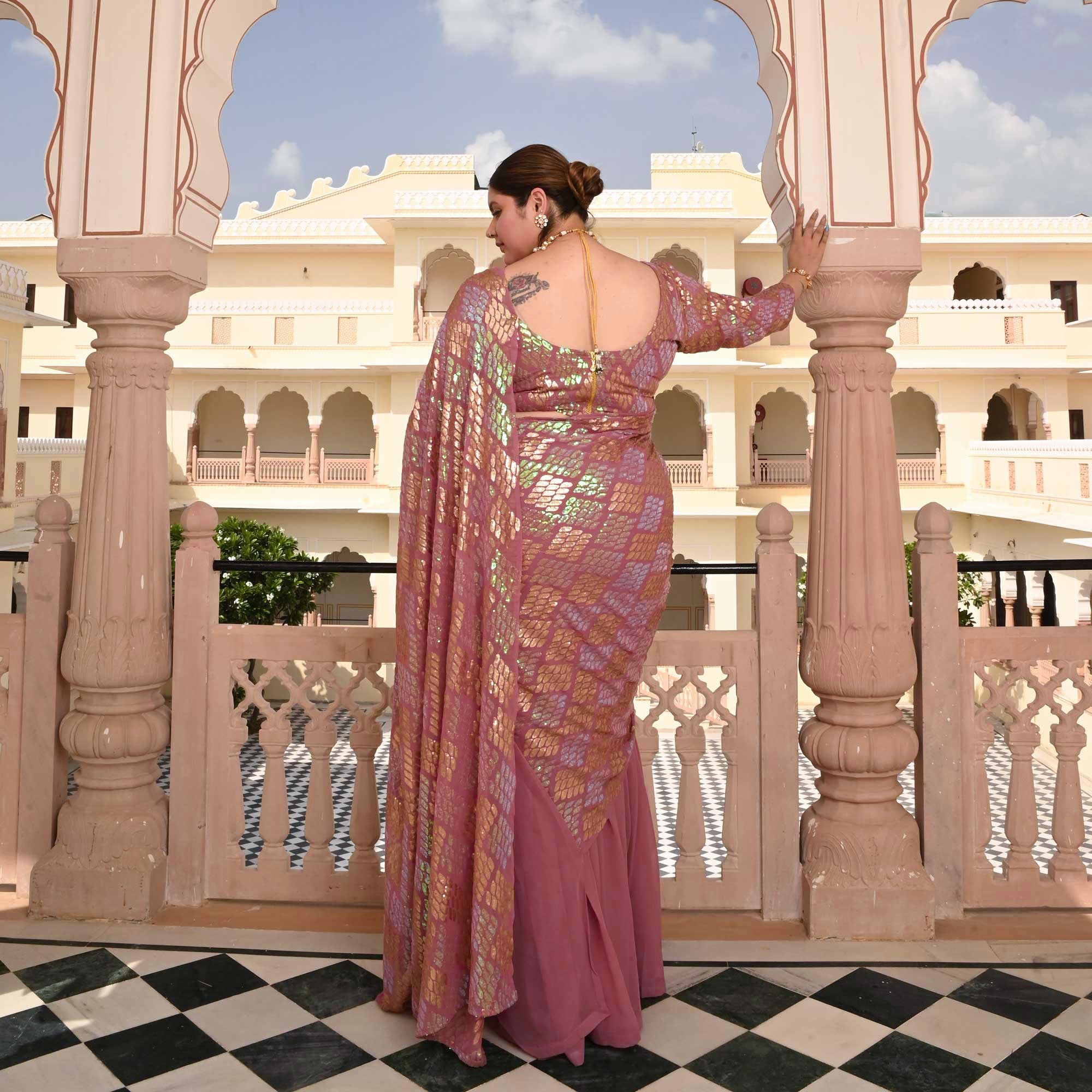 Misty Rose Metallic Sequin Embroidered Drape Saree Set