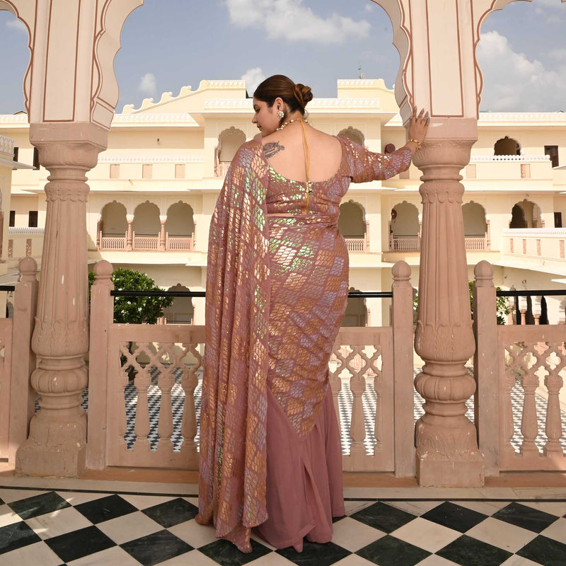 Misty Rose Metallic Sequin Embroidered Drape Saree Set