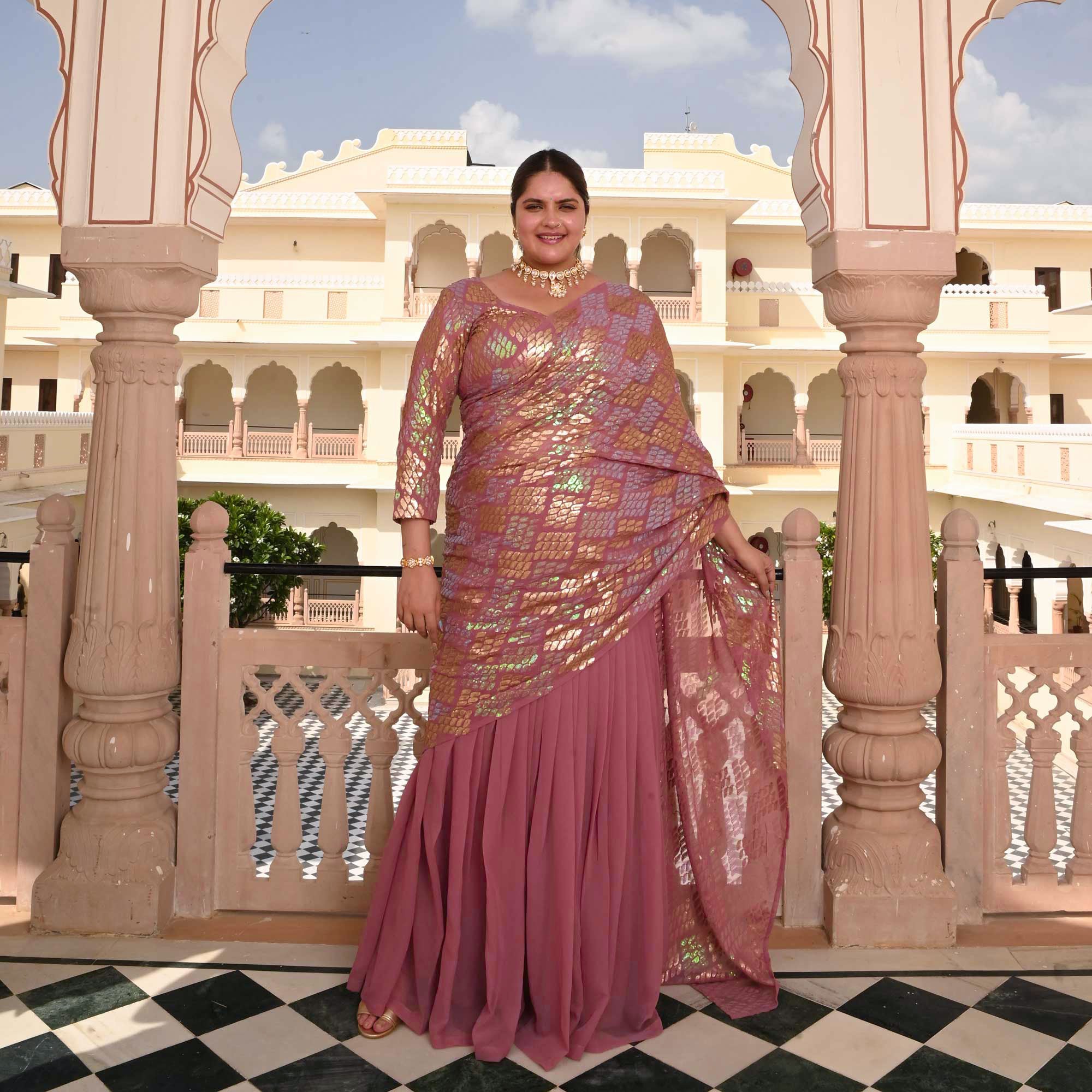 Misty Rose Metallic Sequin Embroidered Drape Saree Set
