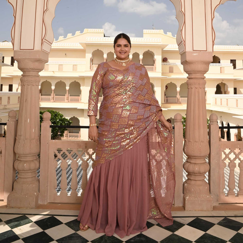 Misty Rose Metallic Sequin Embroidered Drape Saree Set