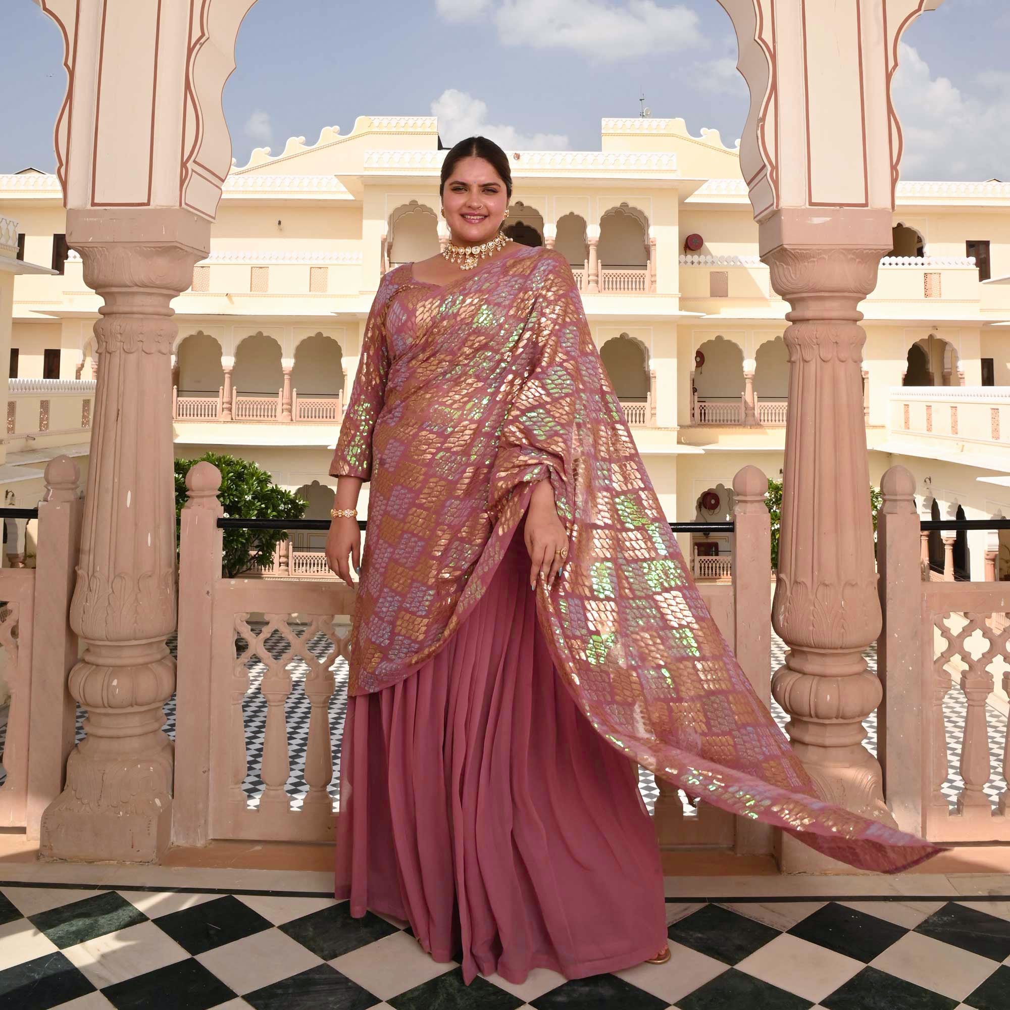 Misty Rose Metallic Sequin Embroidered Drape Saree Set