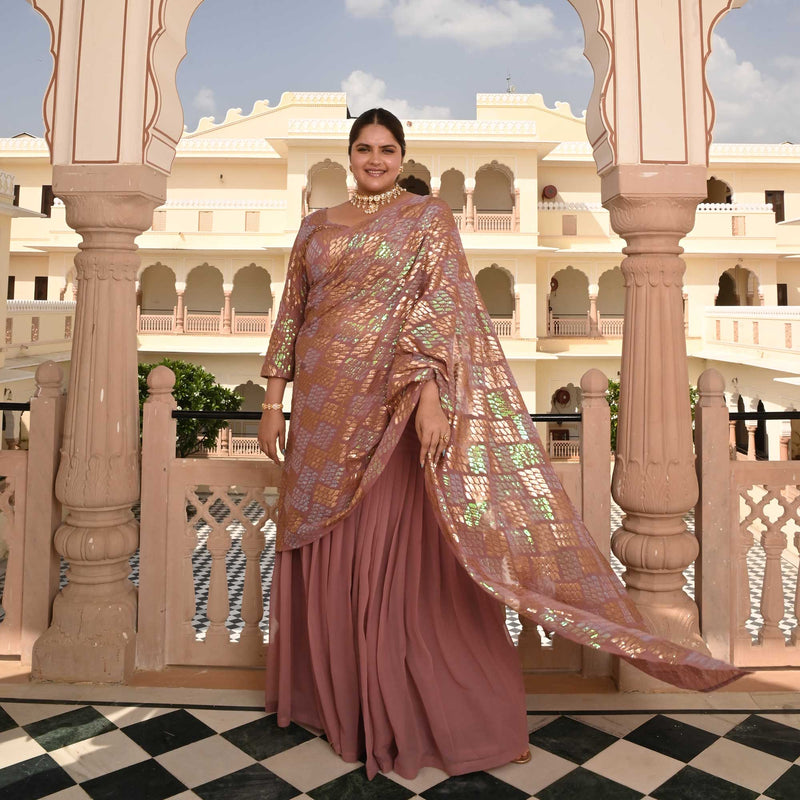 Misty Rose Metallic Sequin Embroidered Drape Saree Set