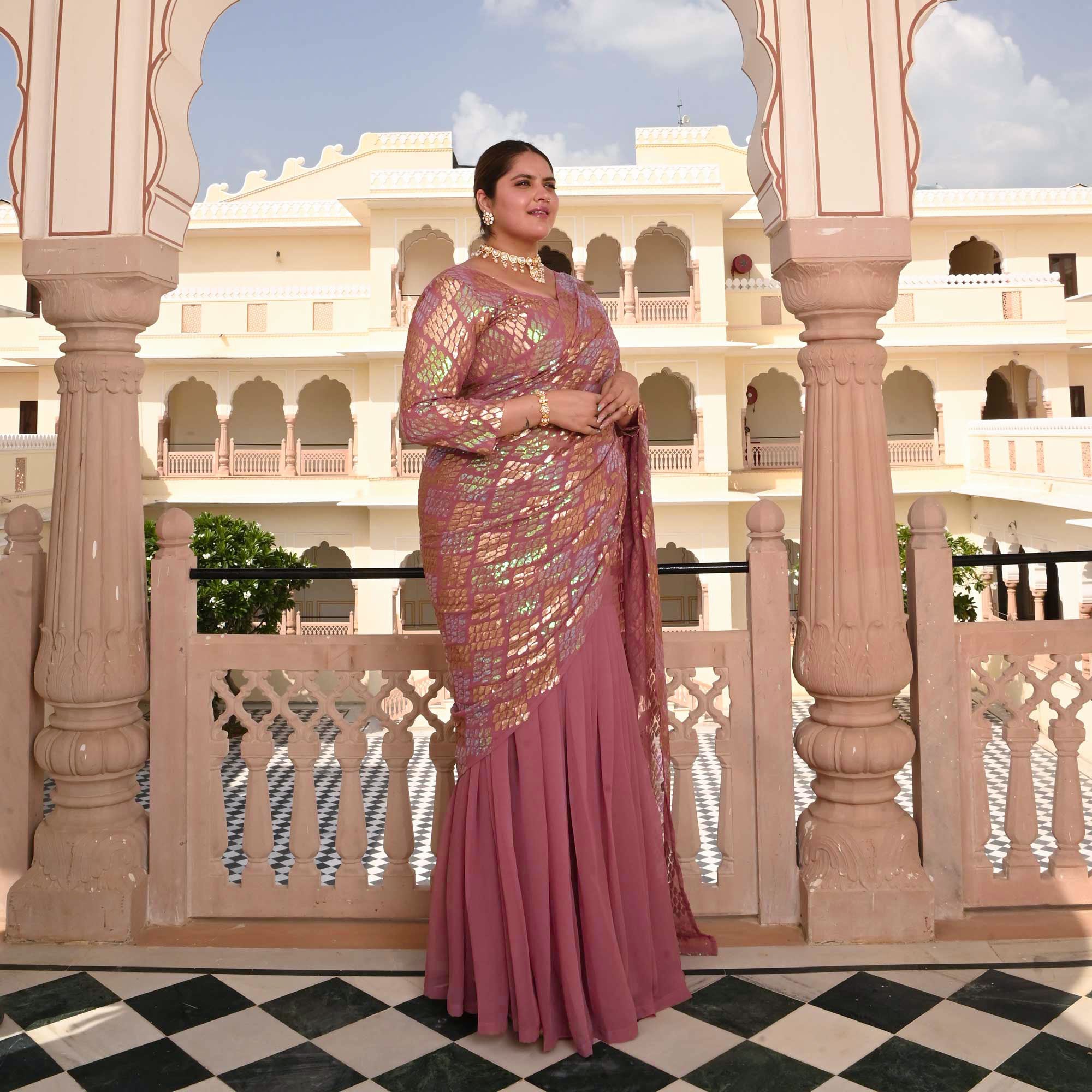 Misty Rose Metallic Sequin Embroidered Drape Saree Set