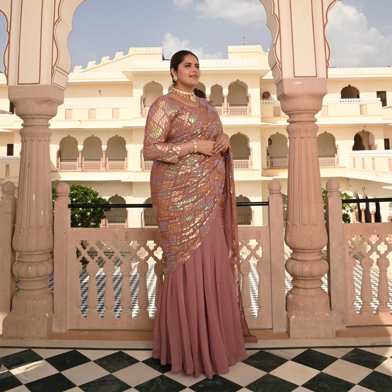 Misty Rose Metallic Sequin Embroidered Drape Saree Set
