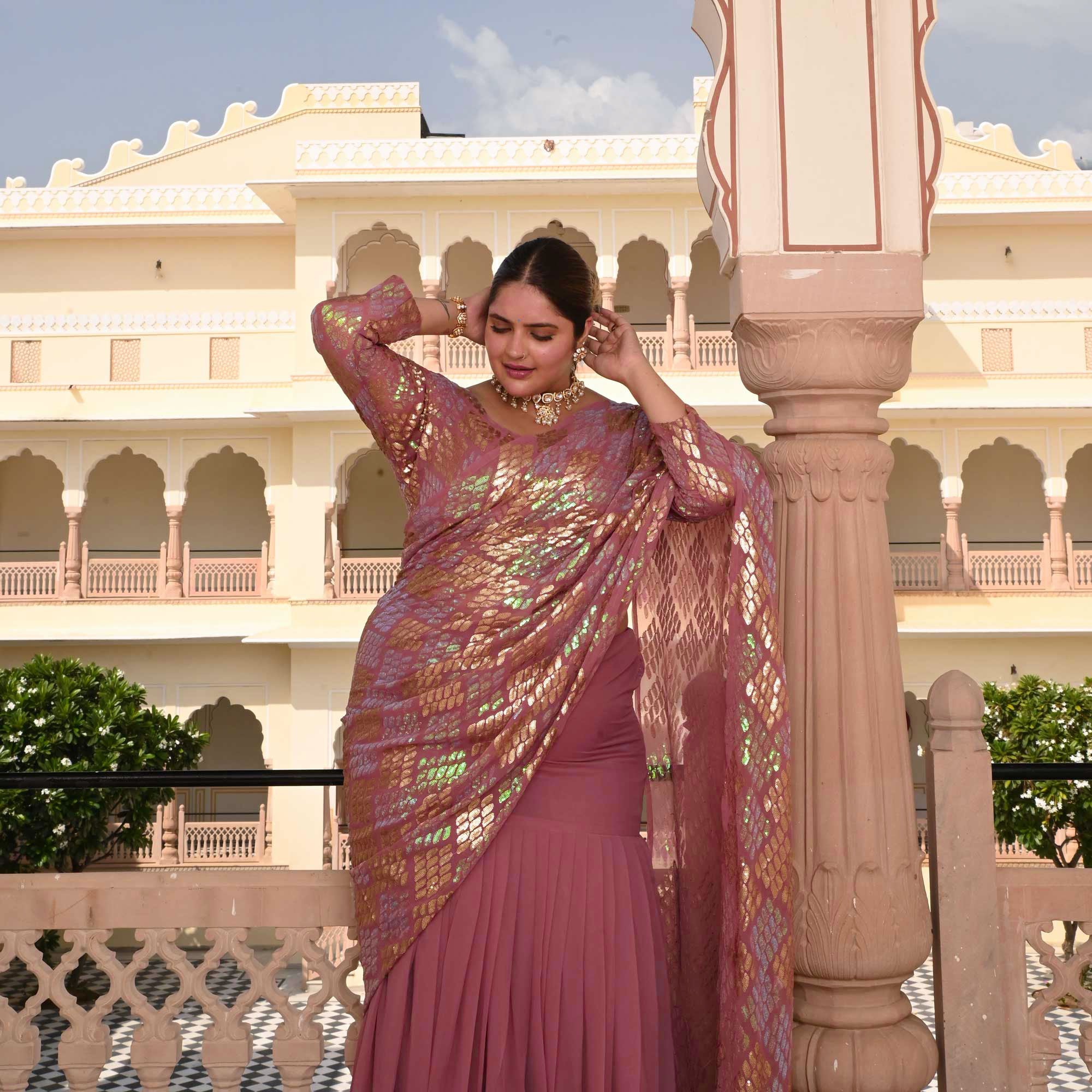 Misty Rose Metallic Sequin Embroidered Drape Saree Set