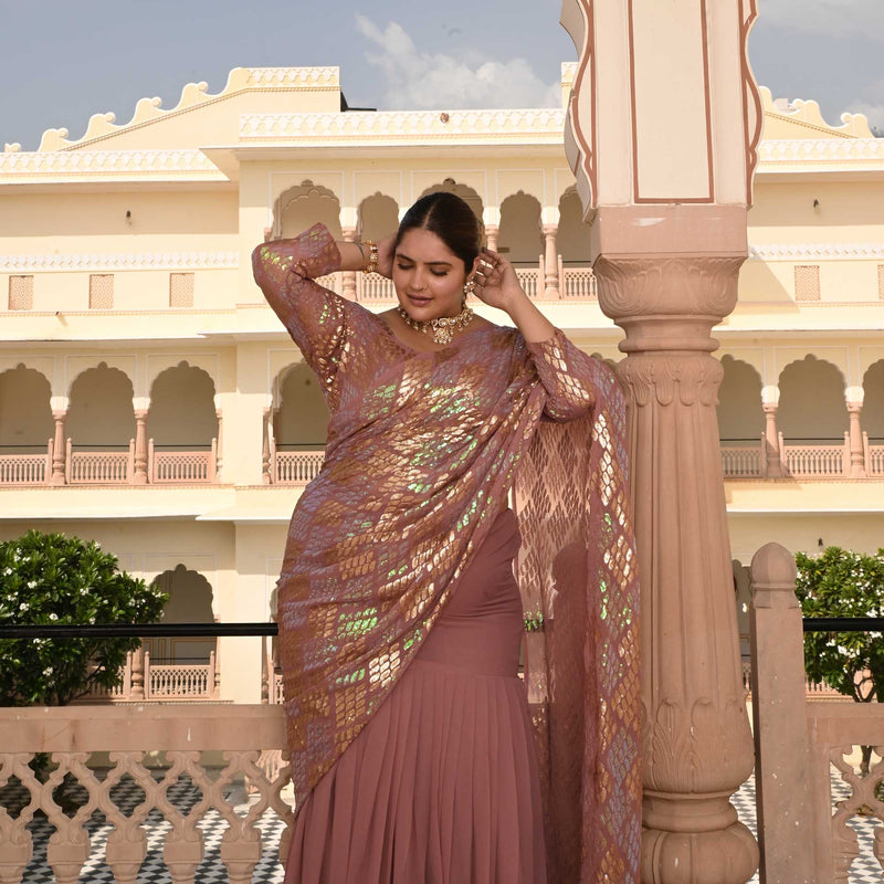 Misty Rose Metallic Sequin Embroidered Drape Saree Set