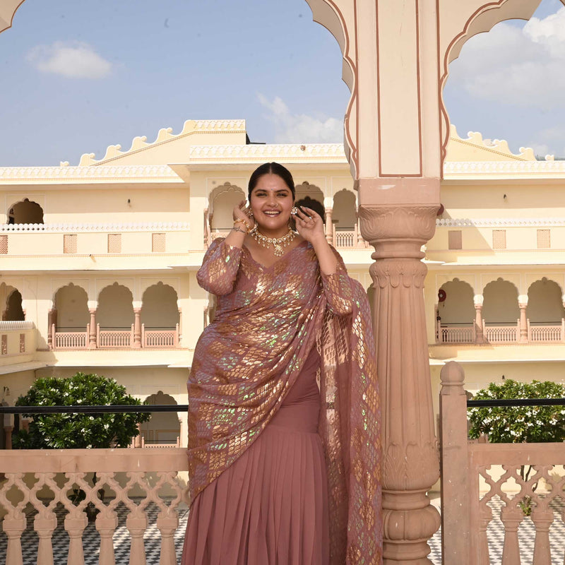 Misty Rose Metallic Sequin Embroidered Drape Saree Set