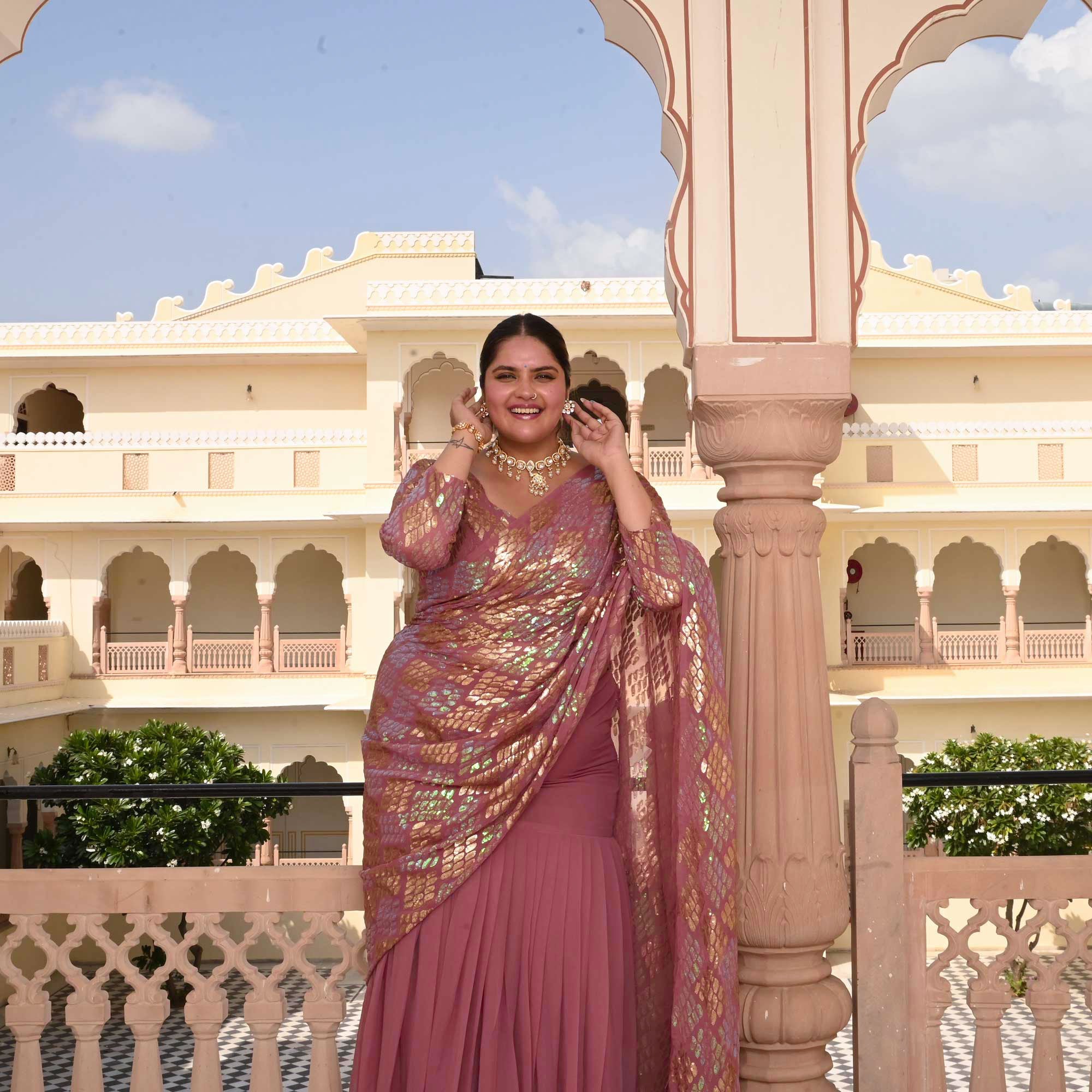 Misty Rose Metallic Sequin Embroidered Drape Saree Set