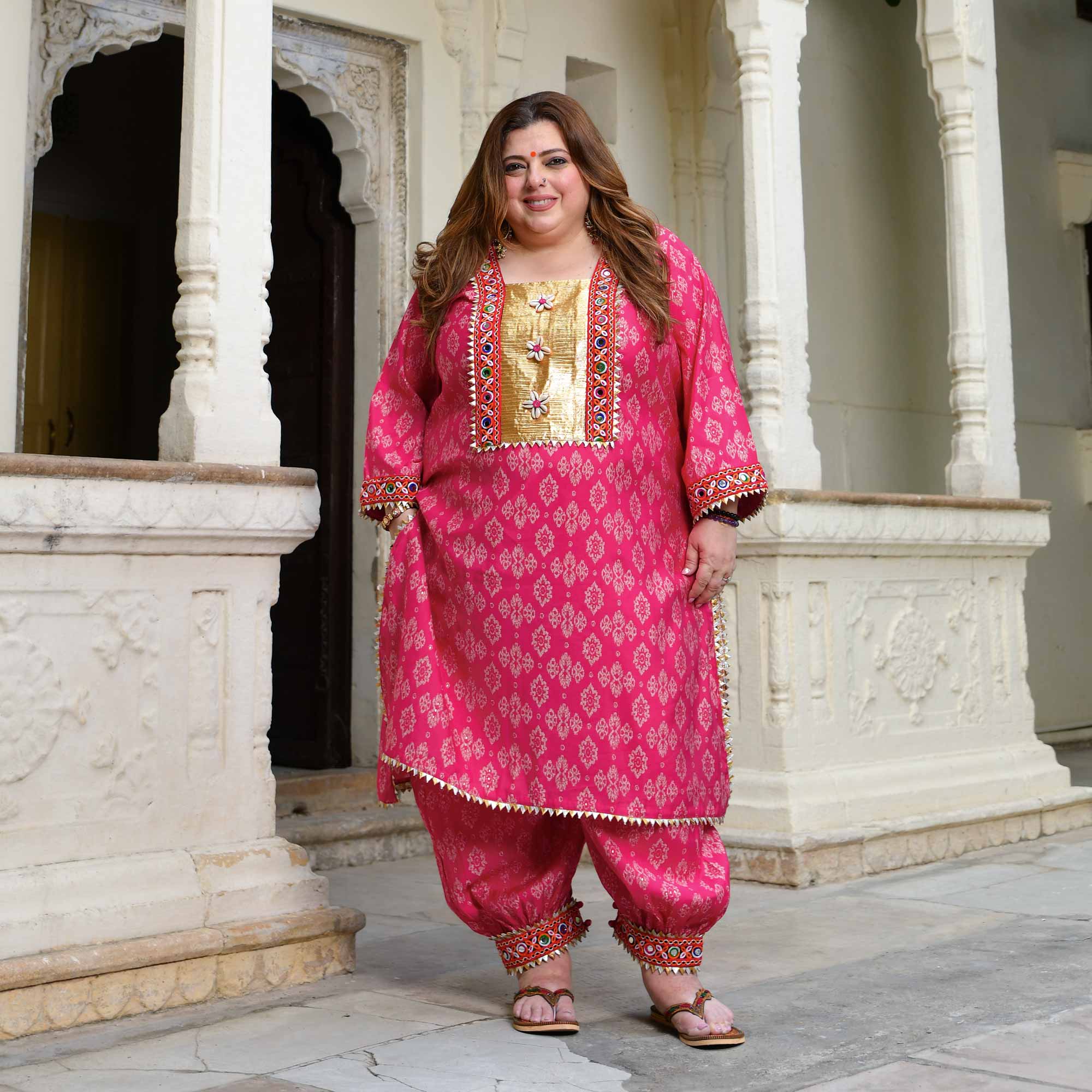 Merry- Rani Pink Modal Embroidered Bohemian Kurta Pants Set