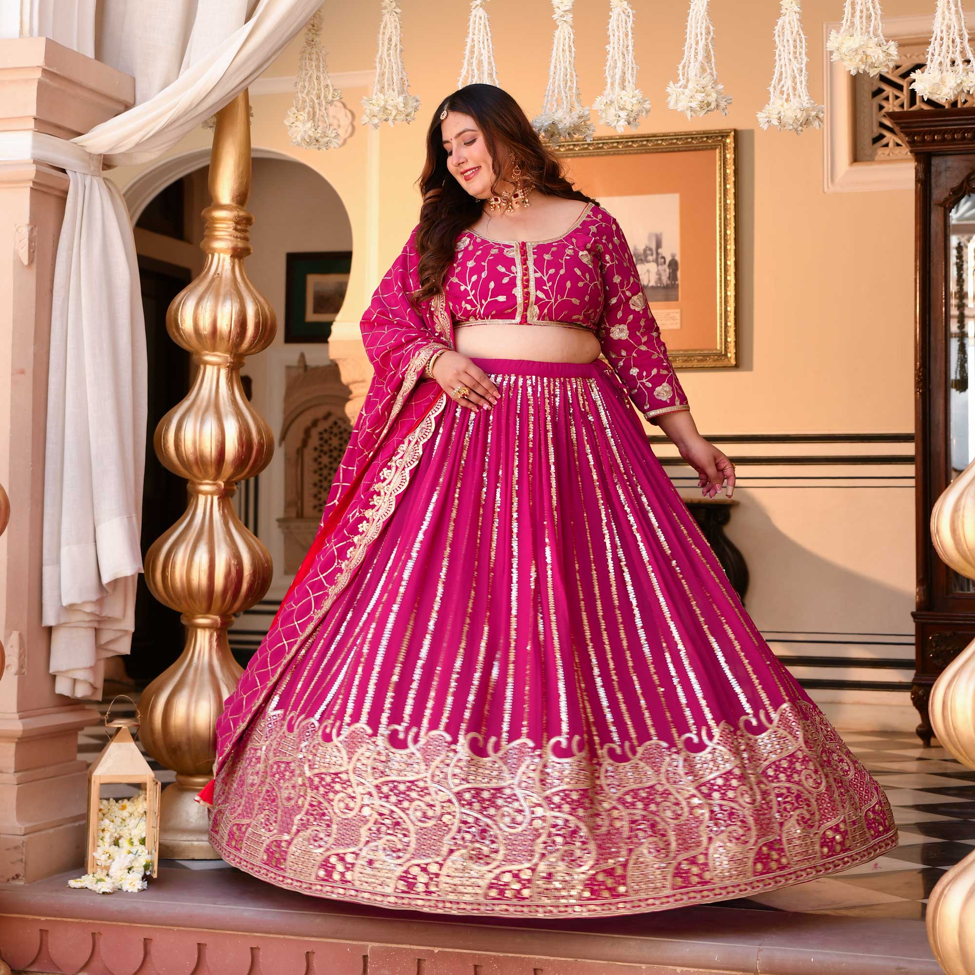 Rani Sa - Deep Magenta Pink Sequin Embroidered Pure Georgette Lehenga Set | The Plus Size Store